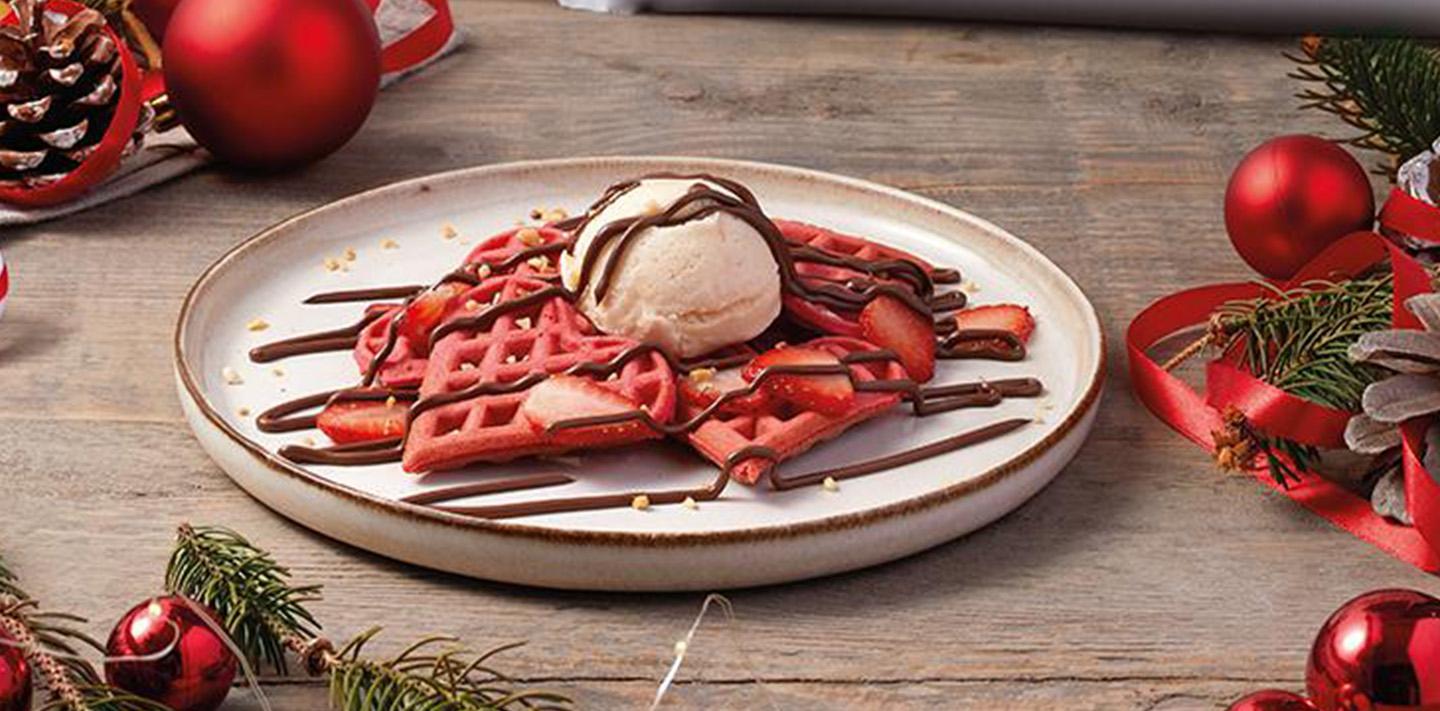 Red Velvet Waffles with Nutella®, Strawberries and Vanilla Ice Cream